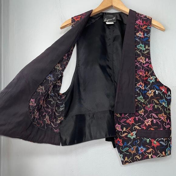 Vintage Black Embroidered Vest Size Rainbow Floral Waistcoat Dopamine Artsy Dark - Picture 3 of 8